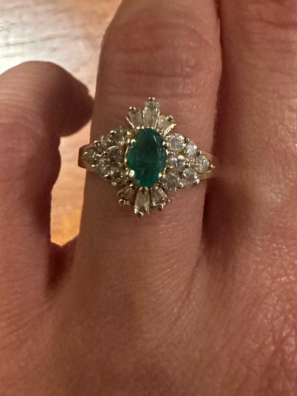Estate 14k Solid Yellow Gold Genuine Diamond & 0.45CT Natural Emerald Ring sz4